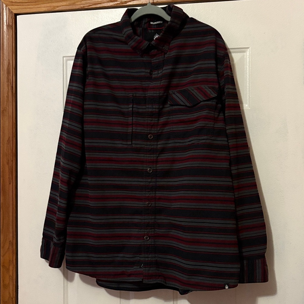 Men's Casual Striped Button-Down Shirt - Maroon and Black